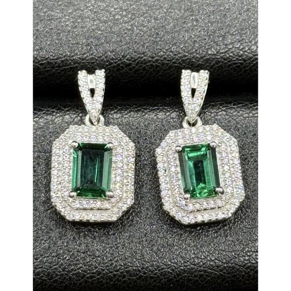 New Condition Sterling Silver Lab Created Emerald White Sapphire Earrings - Picture 1 of 11